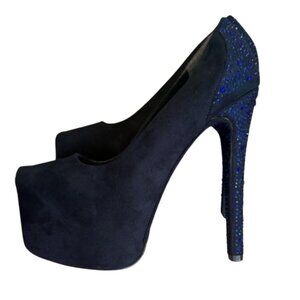 Navy Suede Rhinestone Platform Heels Sparkly Blue Crystal Pumps NYE Party Bling